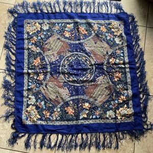 Floral Tapestry Scarf Shawl Fringed Bohemian Style‎ Blue 34"